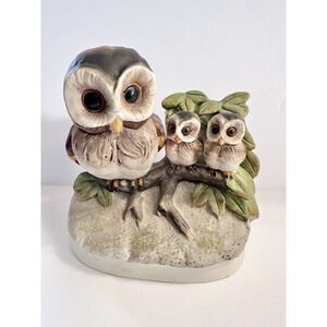 Vintage Homeco Mama‎ Owl with 2 Babies on Branch w/Leaves Figurine 4"